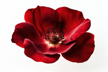 a close up of a deep red flower with a dark center