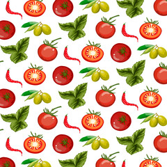Pattern with olives and tomatoes.Vector seamless pattern with tomatoes, olives and hot peppers on a transparent background.