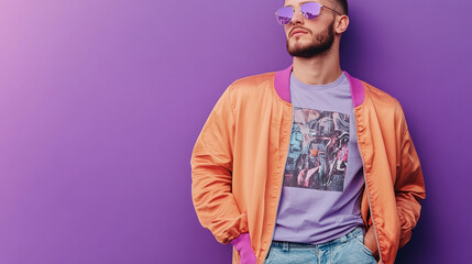 A trendy man in a graphic tee and bomber jacket, leaning casually against a vivid purple background, allowing for ample text space.