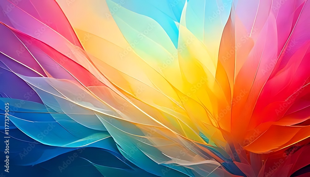 Poster a vibrant, abstract composition with layered, translucent shapes in a rainbow of colors creates a dy