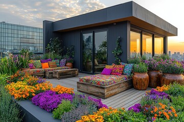 Fototapeta premium Rooftop garden lounge with colorful furniture, vibrant flowers, and city skyline sunset view