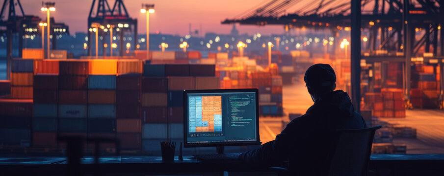 shadowed figure working at computer in twilight port, surrounded by shipping containers. scene captures blend of technology and industry, evoking sense of focus and determination