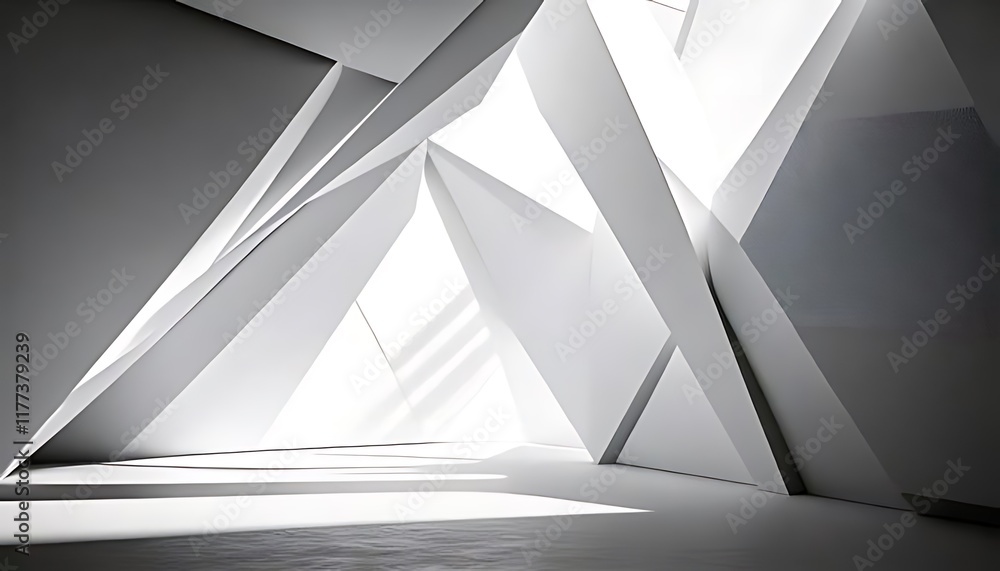 Poster abstract angular forms converge in a bright, dynamic, and geometric white space.