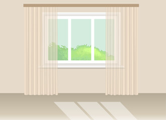 Cozy living room interior with window and curtains. Minimalist style in light beige colors on the wall. Sunlight falls on the floor. There is greenery outside the window. Vector illustration EPS 10