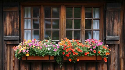 Fototapeta premium Colorful flower boxes brighten a rustic wooden window in a quaint village setting during springtime