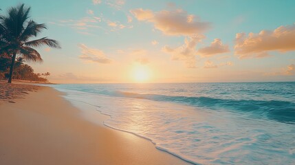 Serene beach during sunset with gentle waves and palm trees along the shoreline