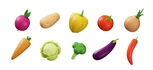 3D vegetable. Healthy food. Tomato and potato. Health diet. Nutrition products. Render cabbage and broccoli. Agriculture harvest. Cooking ingredients. Chili pepper. Vector icons set