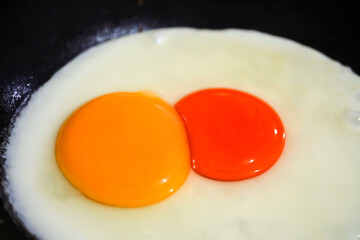 Close up photo of cooked egg yolk and egg white in a non-stick pan. The orange-colored egg contains omega-3, omega-6, and omega-9 fatty acids.