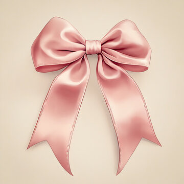 Soft pink satin bow with long ribbons on a beige background, perfect for gift wrapping, celebrations, and decorative designs.
