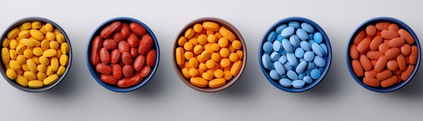 Colorful Variety of Pills and Tablets in Bowls on a White Surface for Health and Wellness Concepts