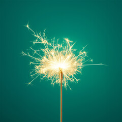 A single sparkler lit against a teal background, representing celebration, joy, and festive occasions. Suitable for holiday designs with ample copy space.