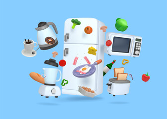 3D kitchen appliance. Electric fridge with food products. Home blender or mixer. Domestic refrigerator. Fried egg pan. Flying vegetables. Toaster bread. Render cooking equipment vector set