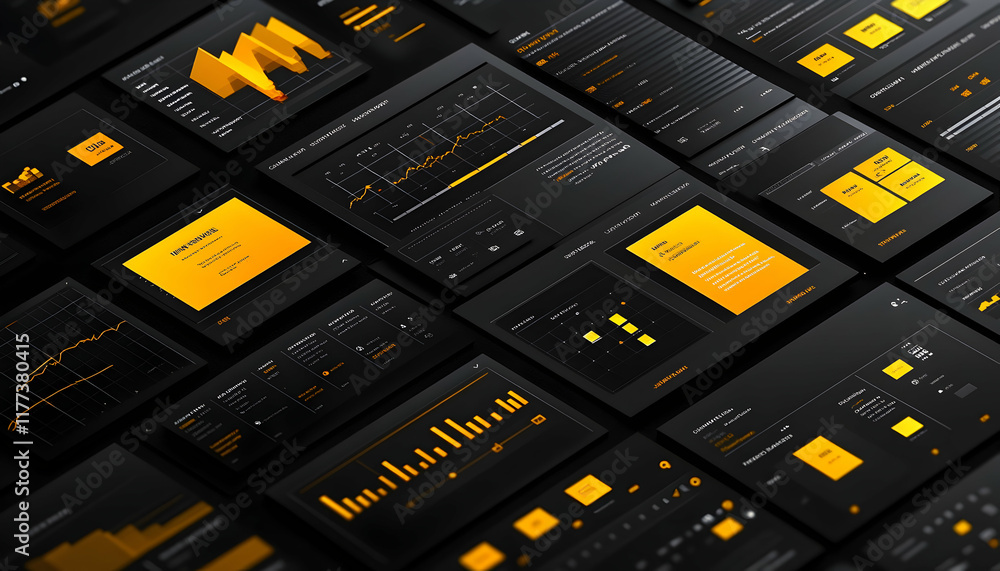 Poster sleek dark ui design with yellow accents showcasing data analysis, graphs, charts, and key performan
