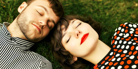 Young couple relaxing on grass, peaceful expressions, joyful connection