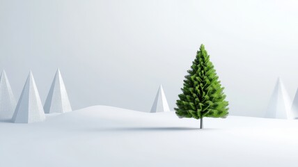 Stylized low poly green tree stands prominently against a vibrant backdrop, showcasing modern design and nature's beauty.
