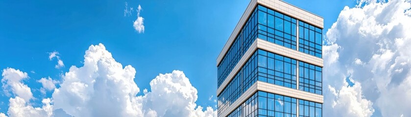 Obraz premium Modern Office Building with Glass Facade and Bright Blue Sky with Clouds Above
