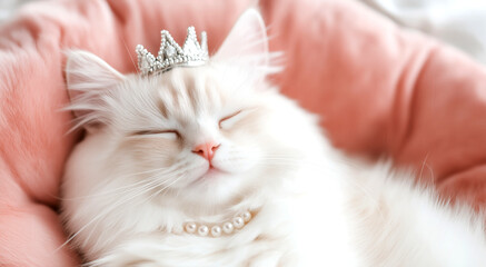 Regal cat relaxing with a crown and pearls on a cozy pink blanket