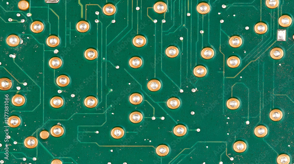 Poster close-up detailed texture of a green circuit board, showcasing intricate circuitry and golden solder