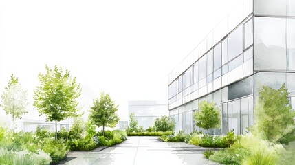 Fototapeta premium A modern building surrounded by lush greenery and serene pathways.