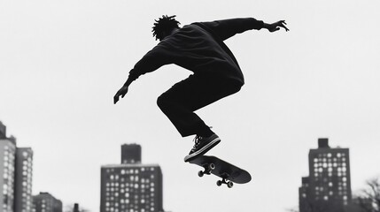 Silhouetted Skater Performing Aerial Trick in Urban Skate Park