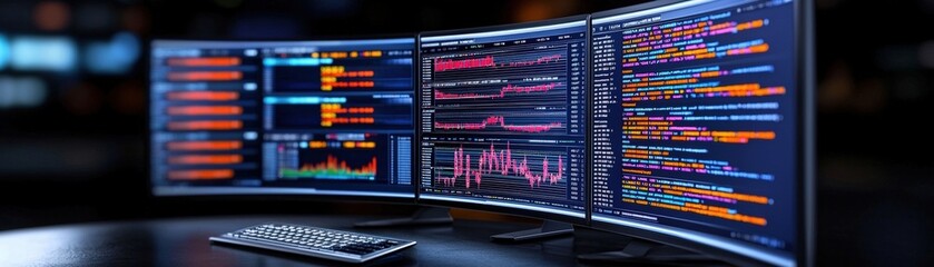 High-Tech Workspace with Multiple Monitors Displaying Data Charts and Analysis for Business Insights