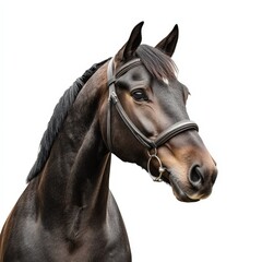 Fototapeta premium a brown horse wearing a bridle against a white background