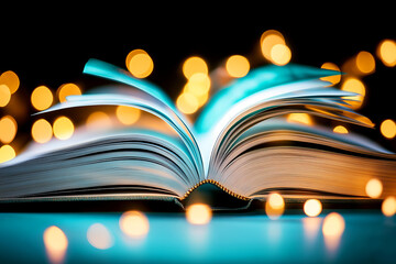 Open Book with Blurry Lights in Background, Capturing the Essence of Learning and Imagination