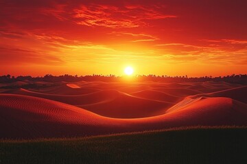Rolling hills at sunset near cityscape with vibrant red sky