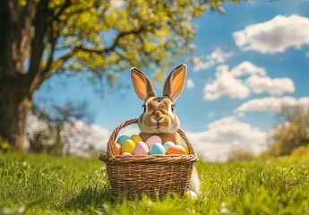 Easter Bunny with a wicker basket full of easter eggs on a green meadow near a forest on a summer day with blue sky and fluffy white clouds