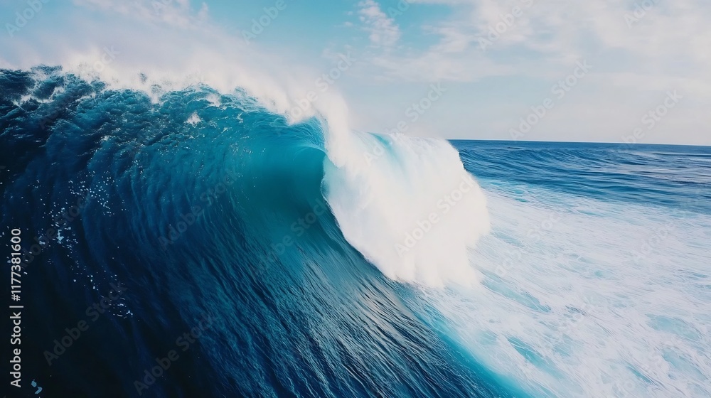 Poster powerful and dynamic ocean wave crashing with cascading foam trails