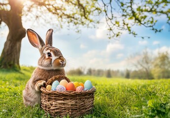 Easter Bunny with a wicker basket full of easter eggs on a green meadow near a forest on a summer day with blue sky and fluffy white clouds