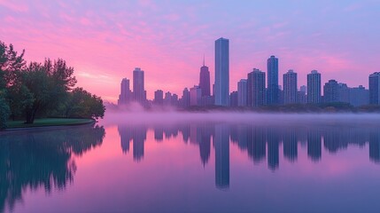 Fototapeta premium Sunrise reflections over a serene lake in an urban skyline during early morning hours