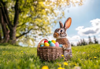 Easter Bunny with a wicker basket full of easter eggs on a green meadow near a forest on a summer day with blue sky and fluffy white clouds