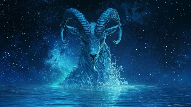 Mystical Capricorn - Surreal Cinematic Artwork of Half-Submerged Goat with Starlit Night Sky