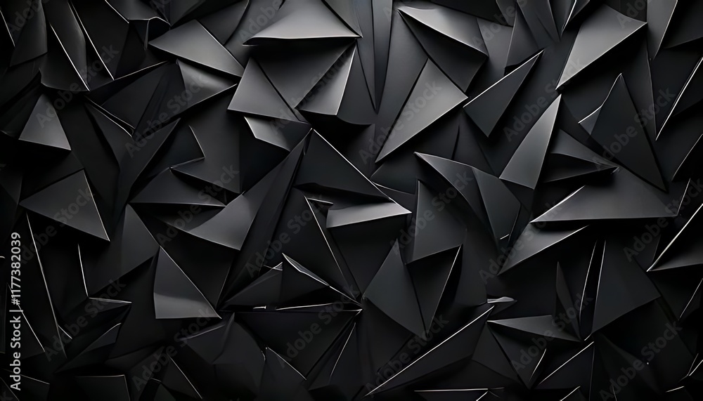 Poster chaotic black geometric triangles create a dynamic, sharp, and textured abstract pattern.