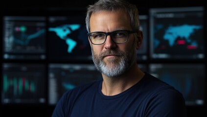 A Focused Businessman: Portrait of a Serious Man Against a Background of Global Data Screens