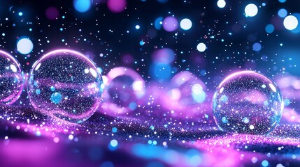 Hazy, starry skies with glittering particles surround glowing orbs that pulse with light, creating a hypnotic, floating abstract visual