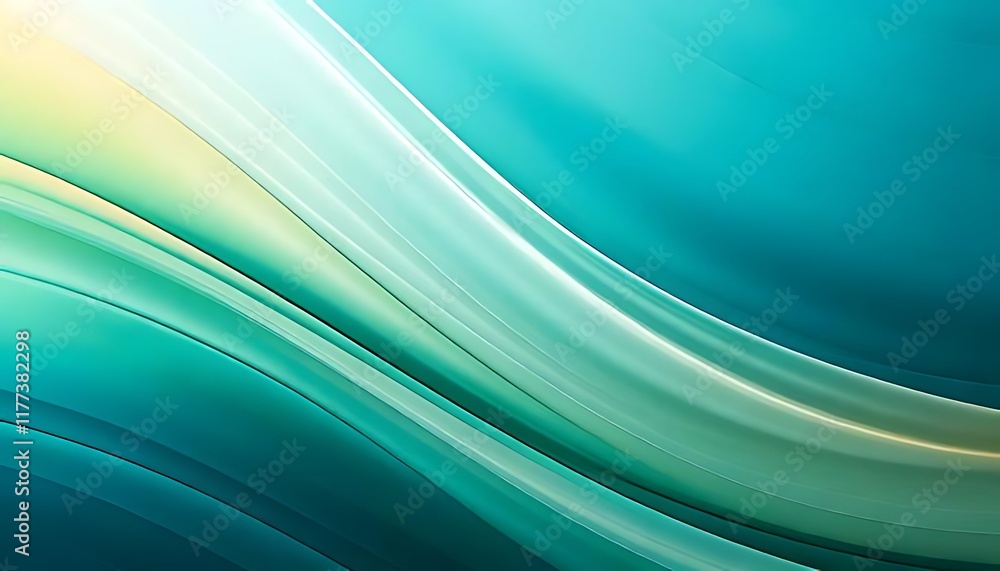 Poster curving teal waves cascade with light, creating a vibrant abstract background.