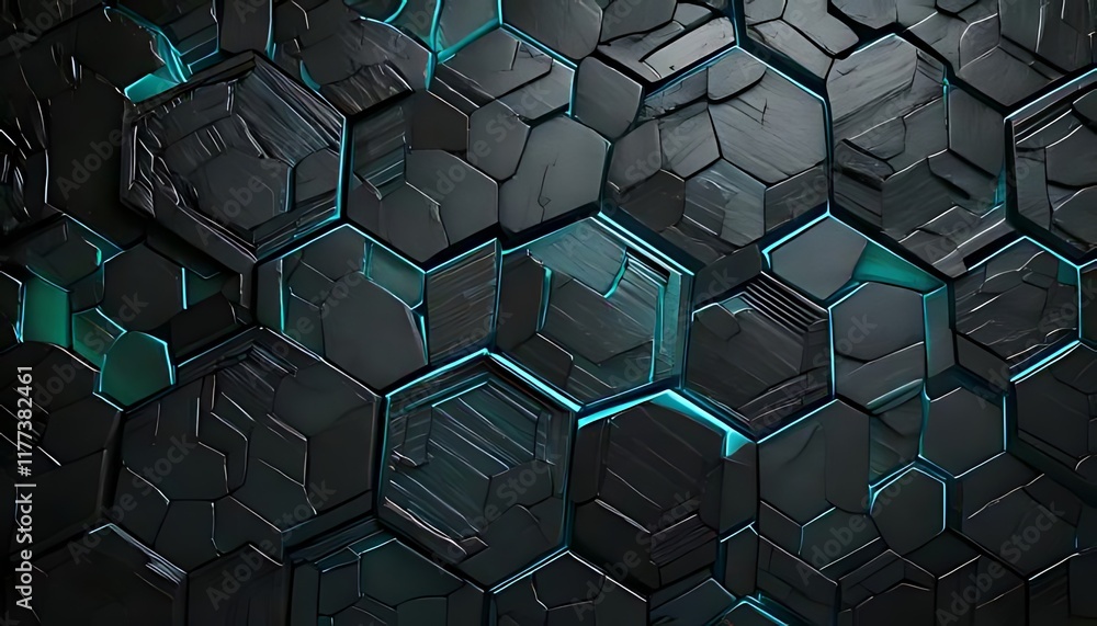 Poster dark, textured, hexagonal tiles with blue lines form a complex, abstract pattern.