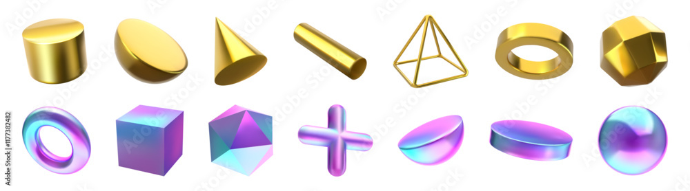 Aufkleber 3D shapes. Abstract geometric figures. Iridescent or gold render forms. Minimal music geometry art. Creative digital design. Glossy cube and sphere. Pyramid structure. Vector isolated set