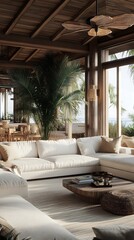 Fototapeta premium Modern Coastal Living Room Design with White Sofa and Natural Wooden Interior Elements