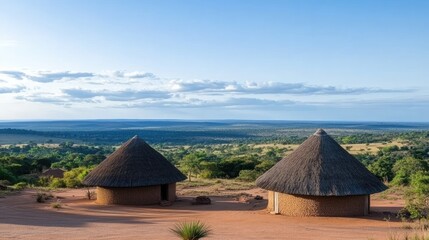 Domed, thatched-roof huts made from natural materials reflect the historical village life of ancient African cultures with grass and sand around