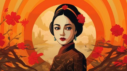 Elegant Asian Woman Portrait in Vintage Style with Orange and Red Hues,  Surrounded by Blossom Branches and Distant Landscape