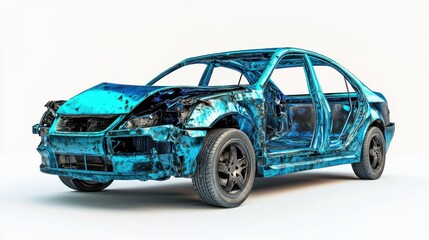 Severely Damaged Blue Sedan: A 3D Render of a Wrecked Car After a Collision