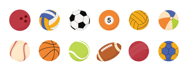 Collection of balls for different sports and recreational activities. Vector balls for soccer, basketball, volleyball, rugby, tennis. Various equipment for sport games isolated on white background.