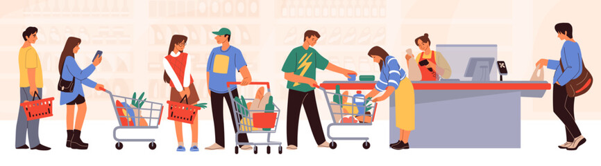 People in supermarket. Store queue. Grocery shop. Buyers standing with trolleys. Customers buy products. Cashier waiting line. Checkout and pay with counter. Shopping vector concept