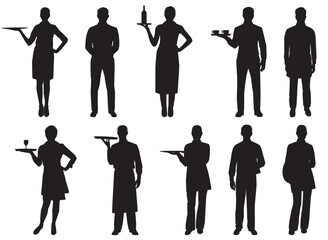 set of silhouette of chef and waitress and waiter. 