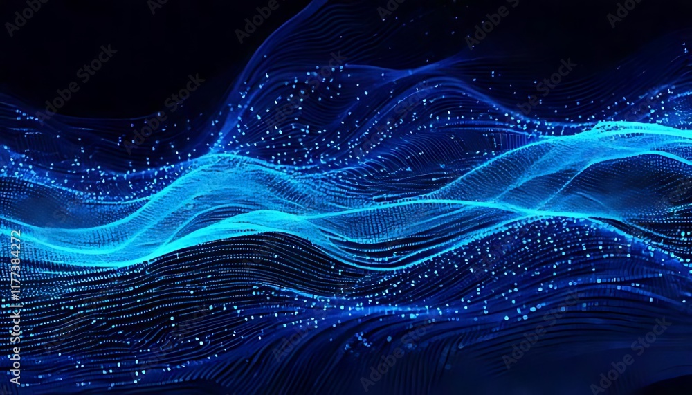 Poster luminous blue waves, formed by lines and scattered dots, create a dynamic and abstract technological