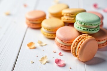 Delicate macaroons on white wooden background , pink raspberry, cookies, food