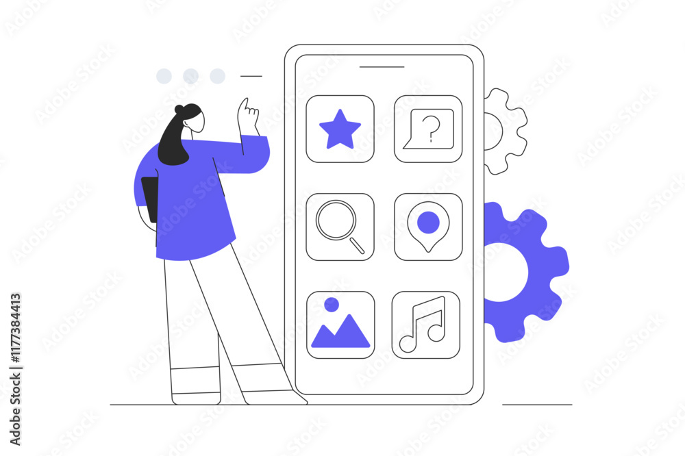Poster app development. woman creating mobile interface layout with app buttons, places graphic elements an